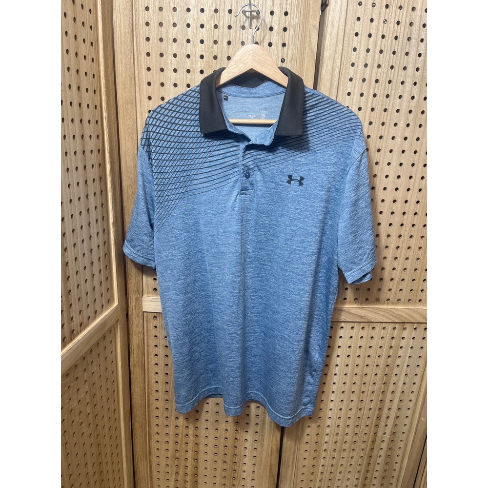 Under‎ Armour Mens Large HeatGear Polo Shirt Blue Heather Black Graphic Golf Top